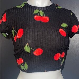 Rue21 Black Crop Top with Red Cherry Design